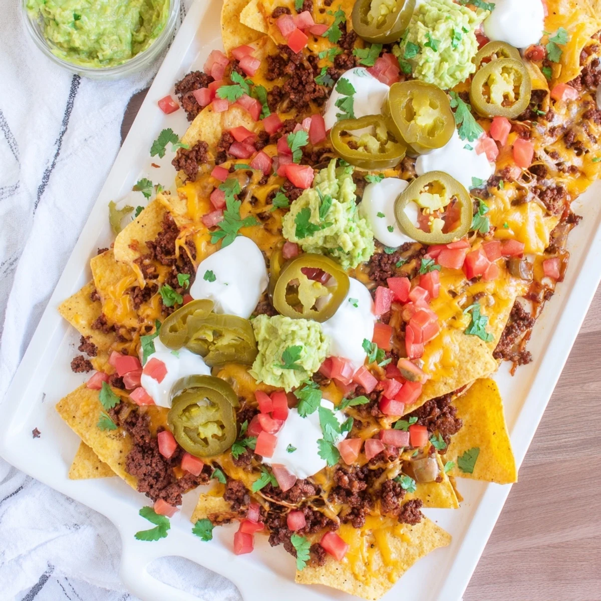 Crispy Texas Nachos piled high with melted cheddar, seasoned beef, fresh jalapeños, and creamy toppings