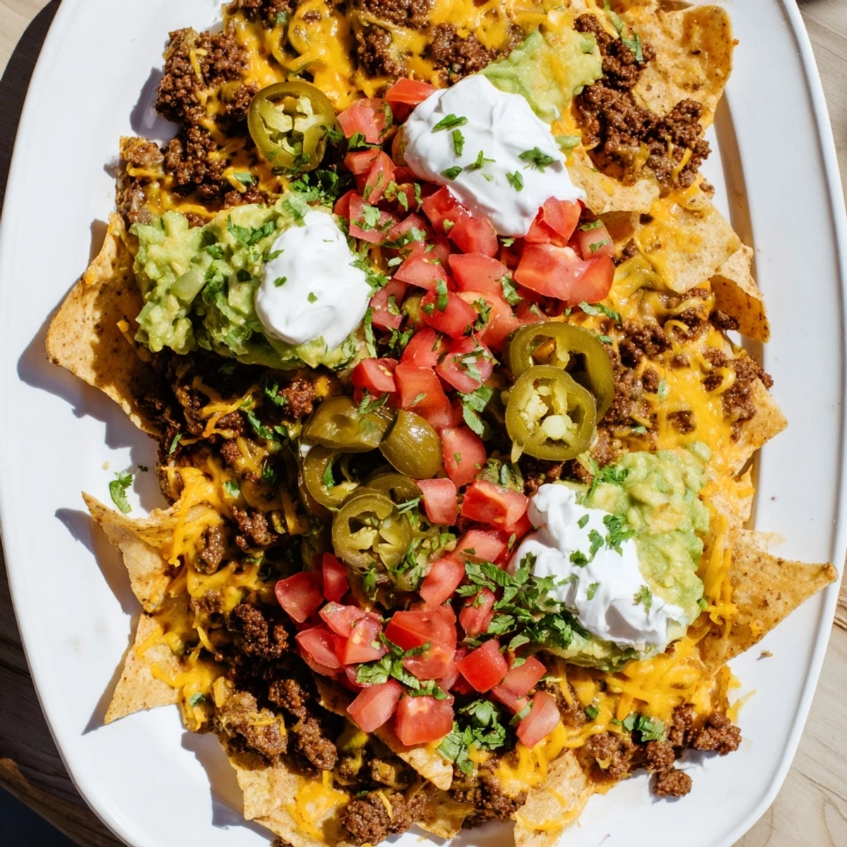 Homemade Texas Nachos featuring layers of cheesy tortilla chips topped with spiced ground beef and colorful vegetables