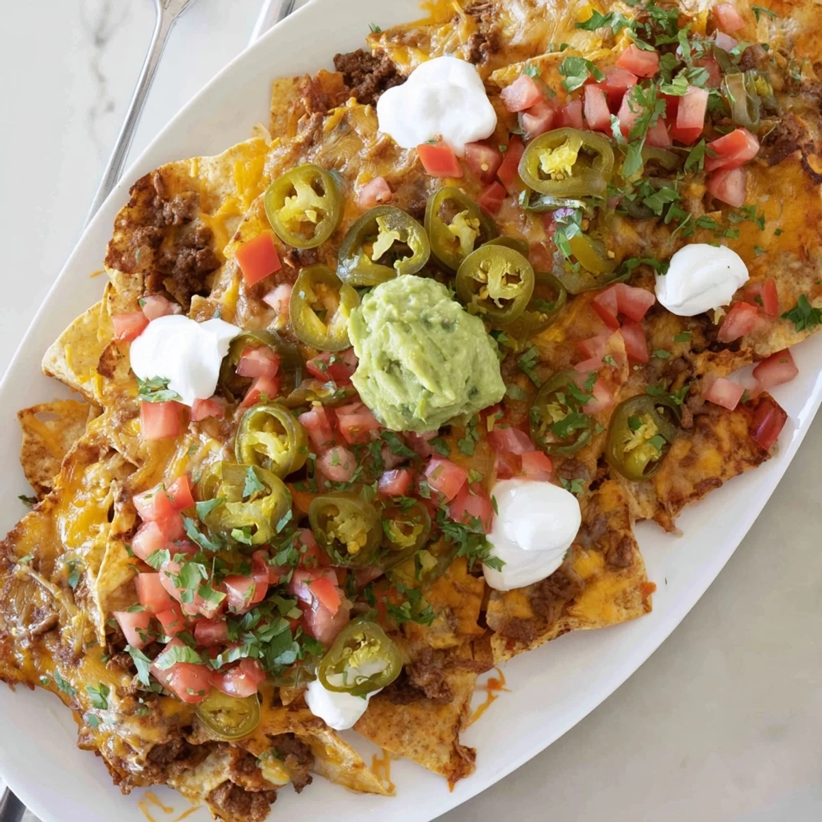 Baked Texas Nachos loaded with seasoned beef, melted cheese, and vibrant toppings like tomatoes, cilantro, and guacamole