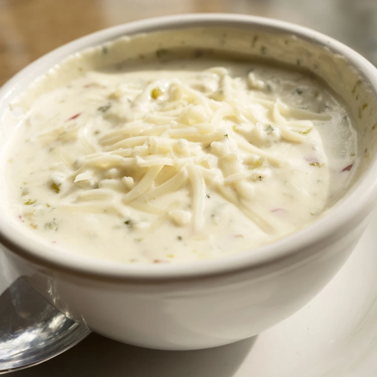 Creamy white queso dip bubbling in a serving bowl with tortilla chips on the side
