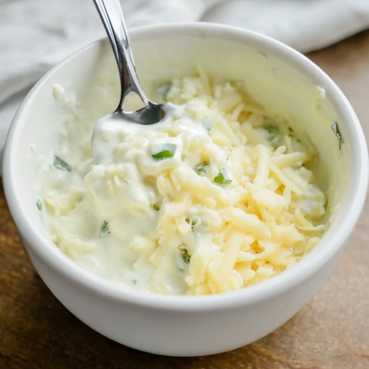 Smooth white queso dip spooned into a colorful bowl surrounded by crispy tortilla chips
