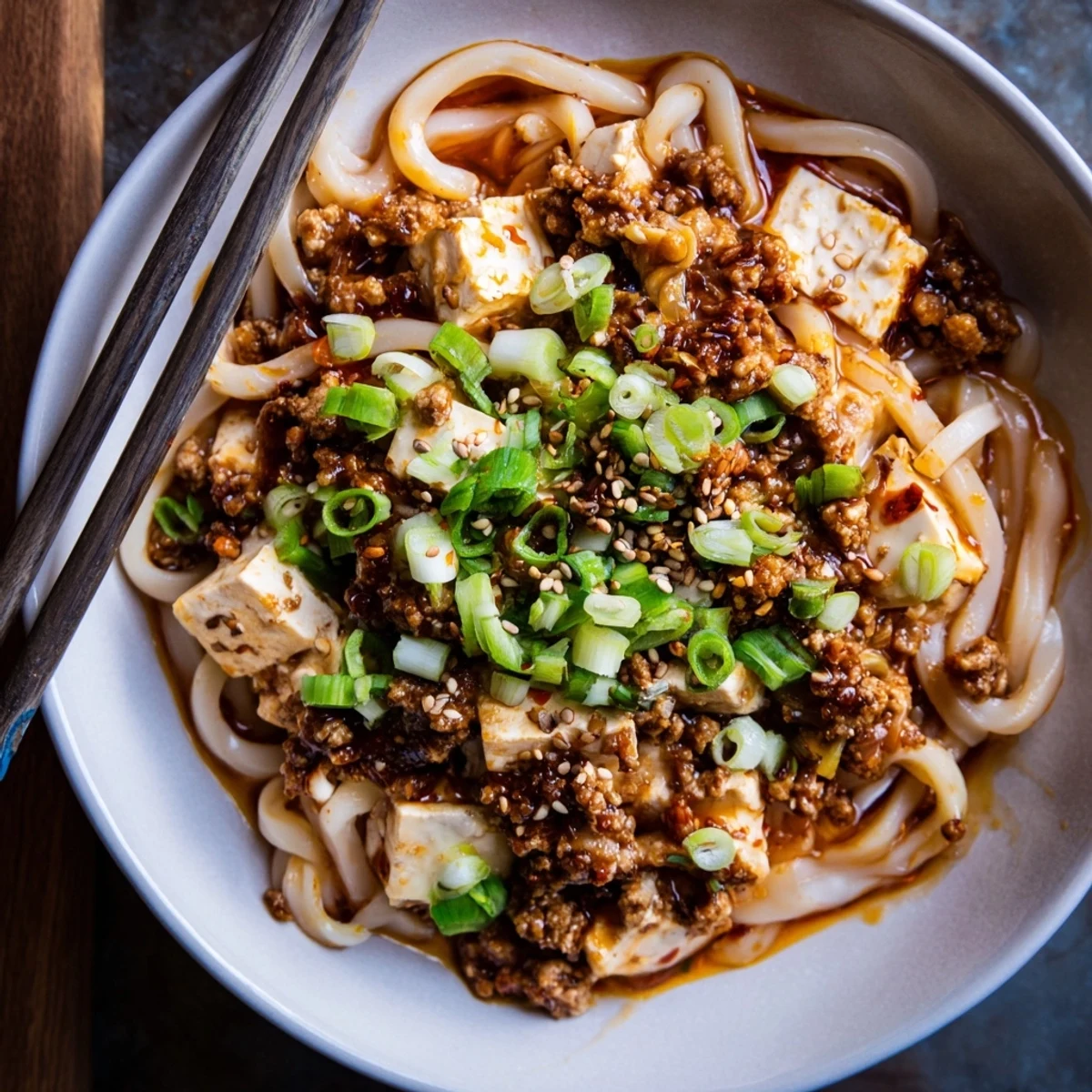 Thick savory sauce coats udon noodles and soft tofu in this spicy Mapo Tofu Udon fusion dish