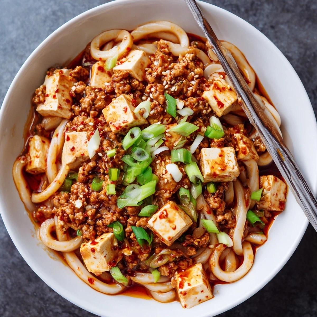 Steaming bowl of Mapo Tofu Udon featuring chewy noodles topped with silky tofu cubes in spicy red sauce