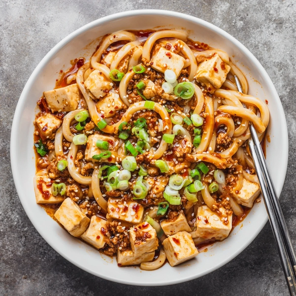 Generous serving of Mapo Tofu Udon garnished with green onions and sesame seeds over thick Japanese noodles