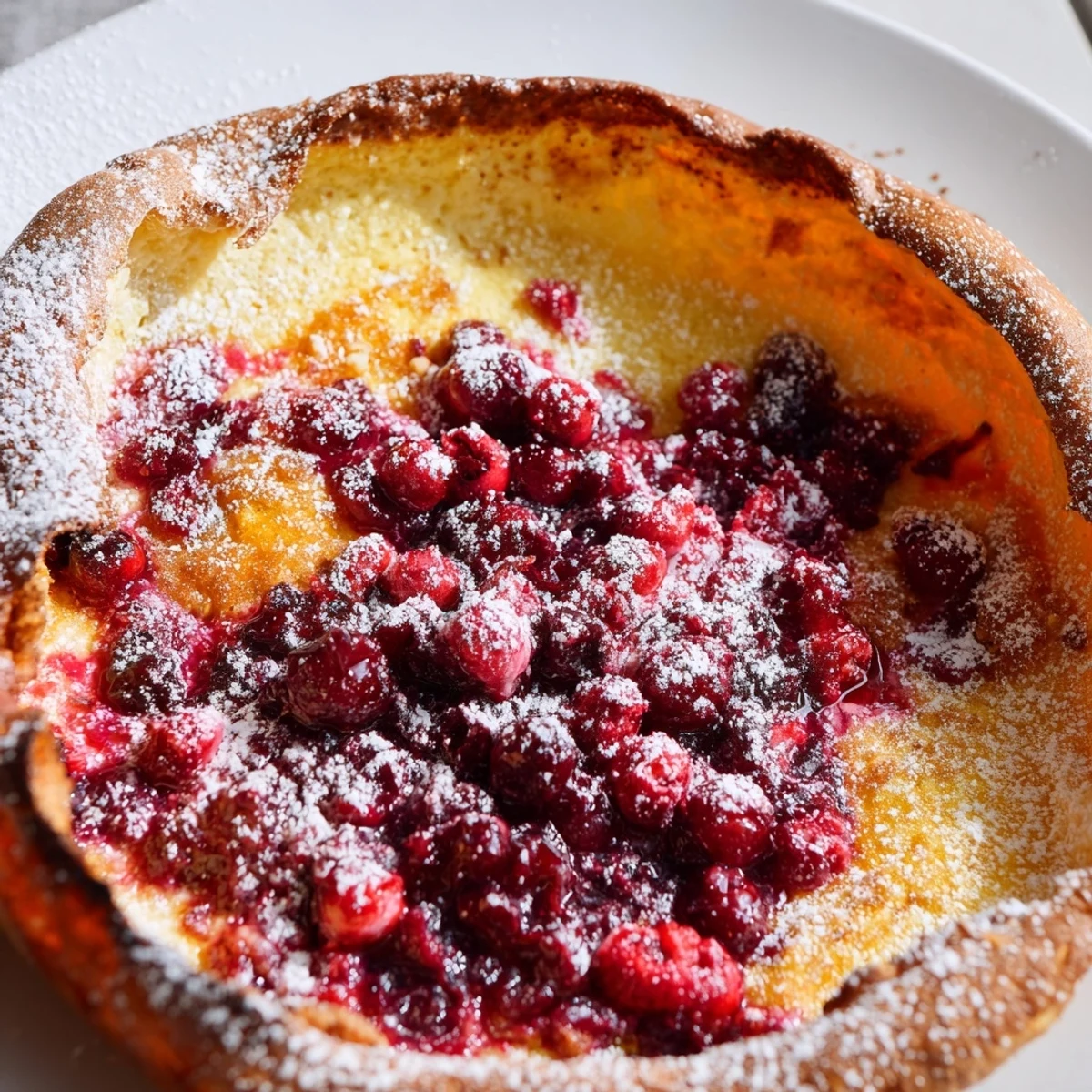 Golden Dutch Baby pancake with cranberry compote dusted with powdered sugar on a rustic plate