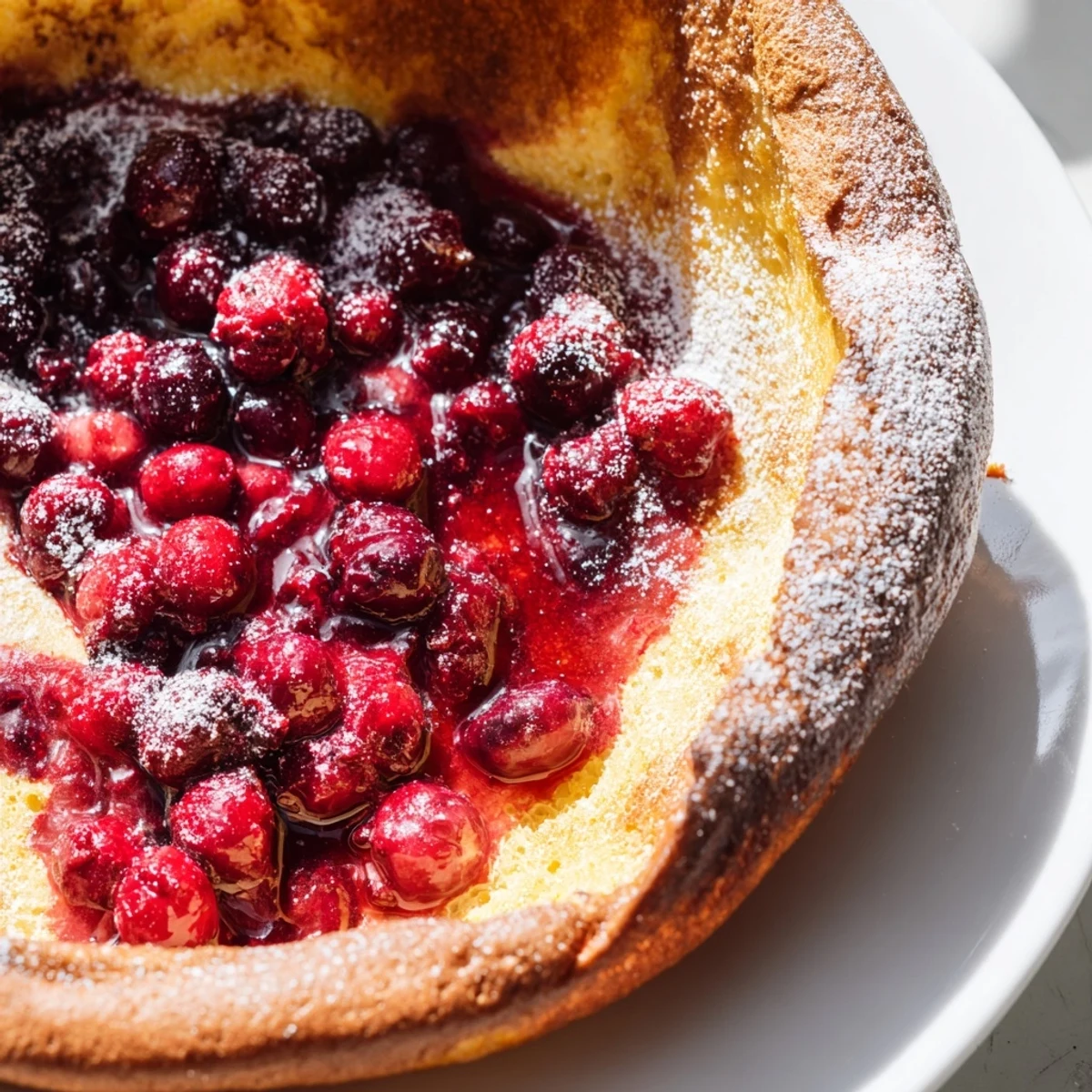 Fluffy oven-baked Dutch Baby topped with vibrant tangy cranberry sauce for a stunning brunch presentation