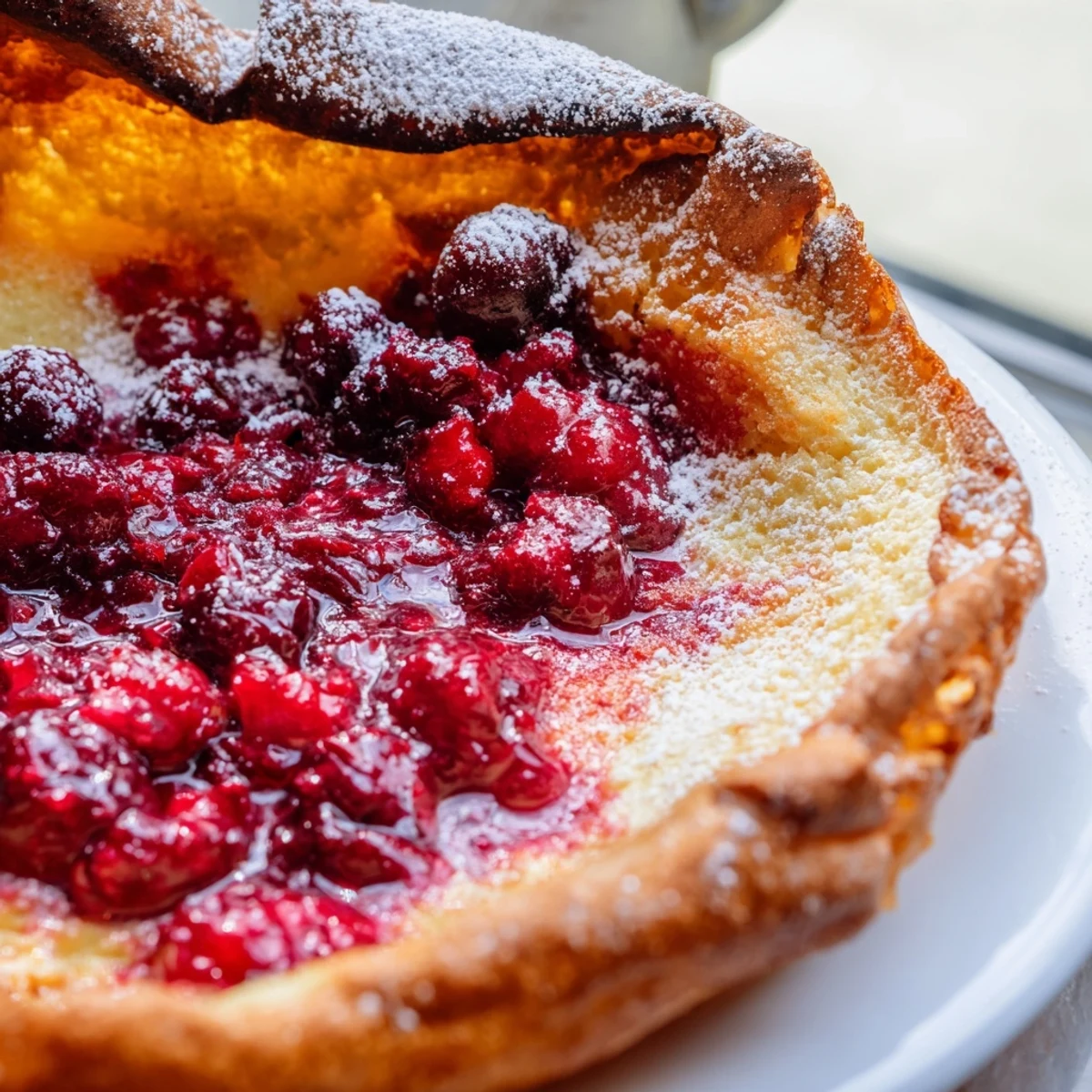 Puffed golden Dutch Baby pancake served warm with sweet red cranberry compote and lemon wedges