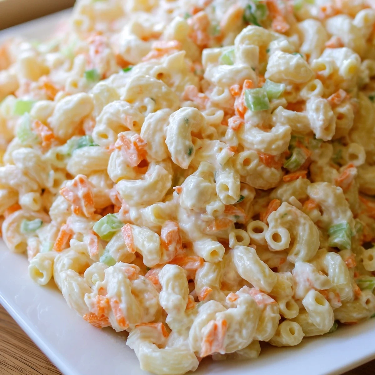 Close-up of Hawaiian style mac salad showcasing tender elbow macaroni coated in tangy mayonnaise dressing