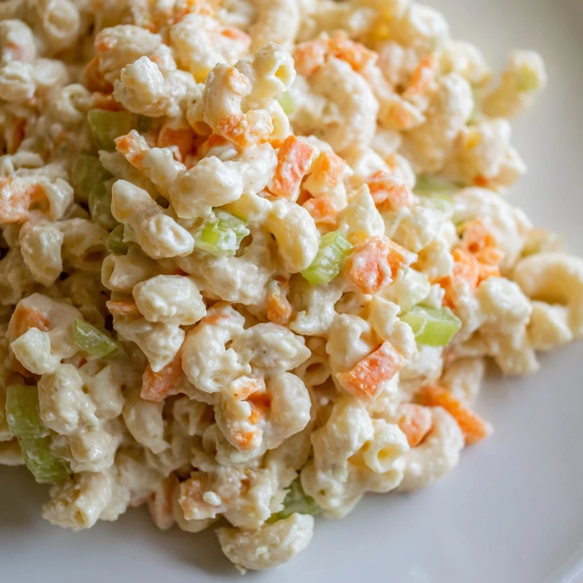 Creamy Hawaiian style mac salad served in a white bowl with colorful grated carrot and celery bits