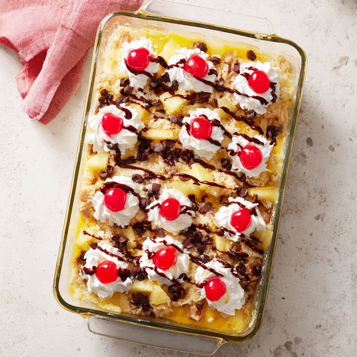 Golden baked banana split dump cake topped with whipped cream and maraschino cherries