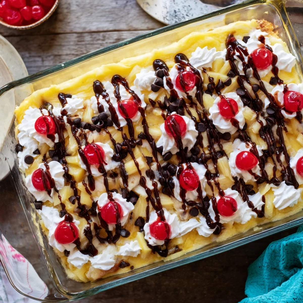 Gooey yellow cake layered with pineapple bananas and chocolate chips in a baking dish