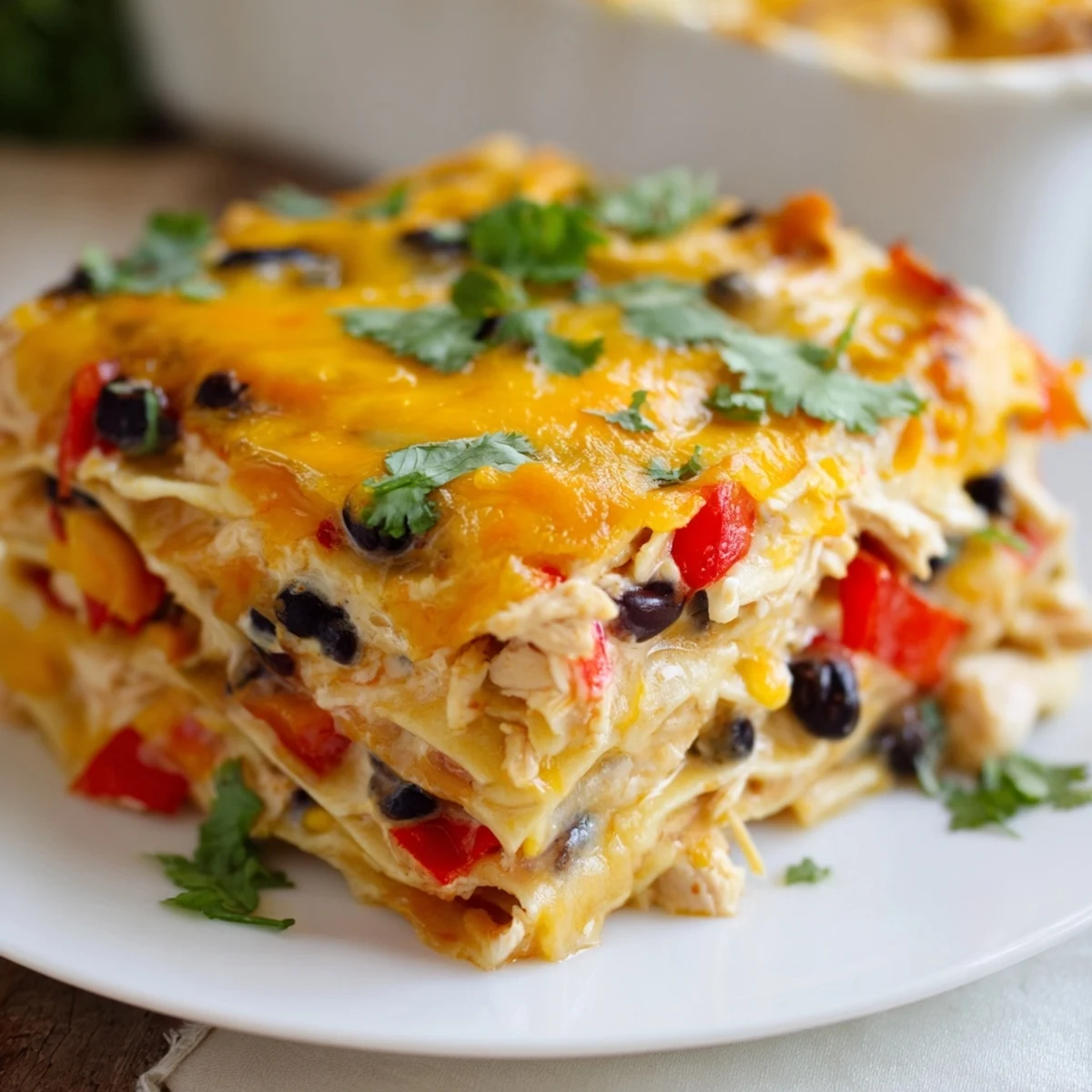 Savory chicken taco lasagna casserole with zesty seasoned meat beans and tortilla layers bubbling under golden brown cheese topping