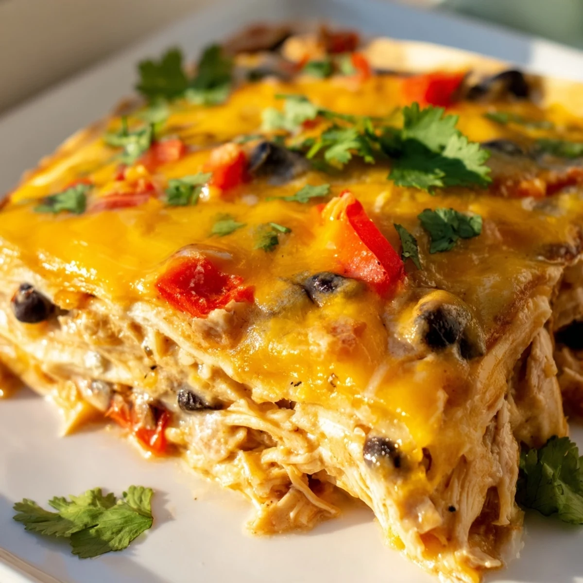 Creamy chicken taco lasagna slice revealing tender shredded chicken black beans and rich sauce between soft flour tortilla layers
