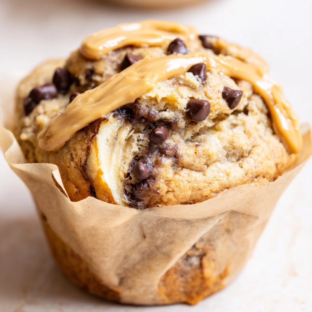 Golden brown peanut butter banana muffins topped with melting chocolate chips on a wire cooling rack