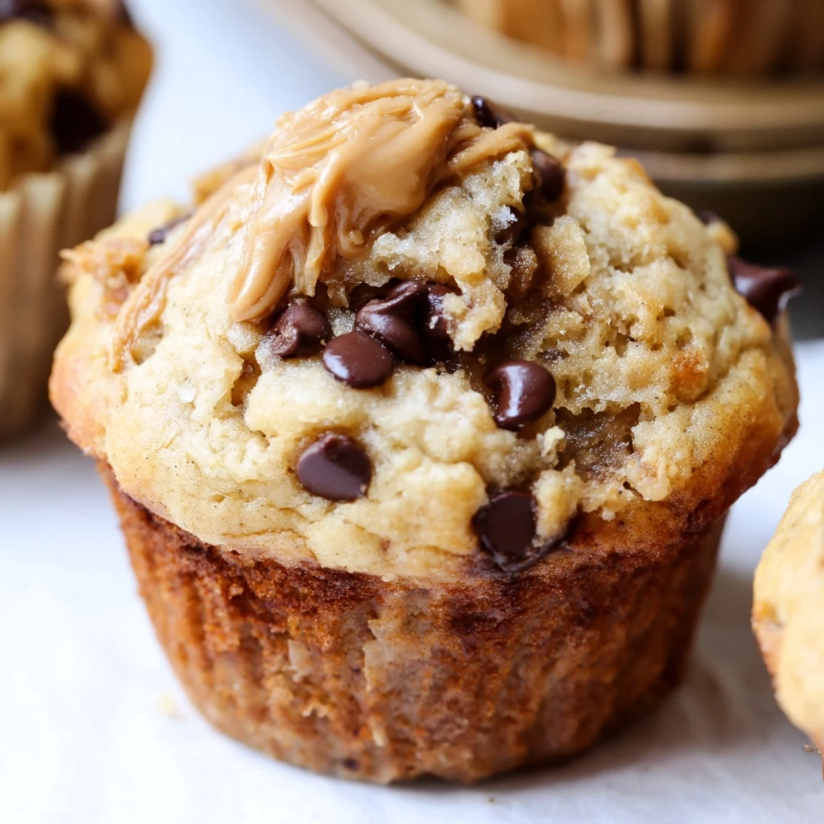Moist peanut butter banana muffins bursting with ripe banana flavor served on a white plate