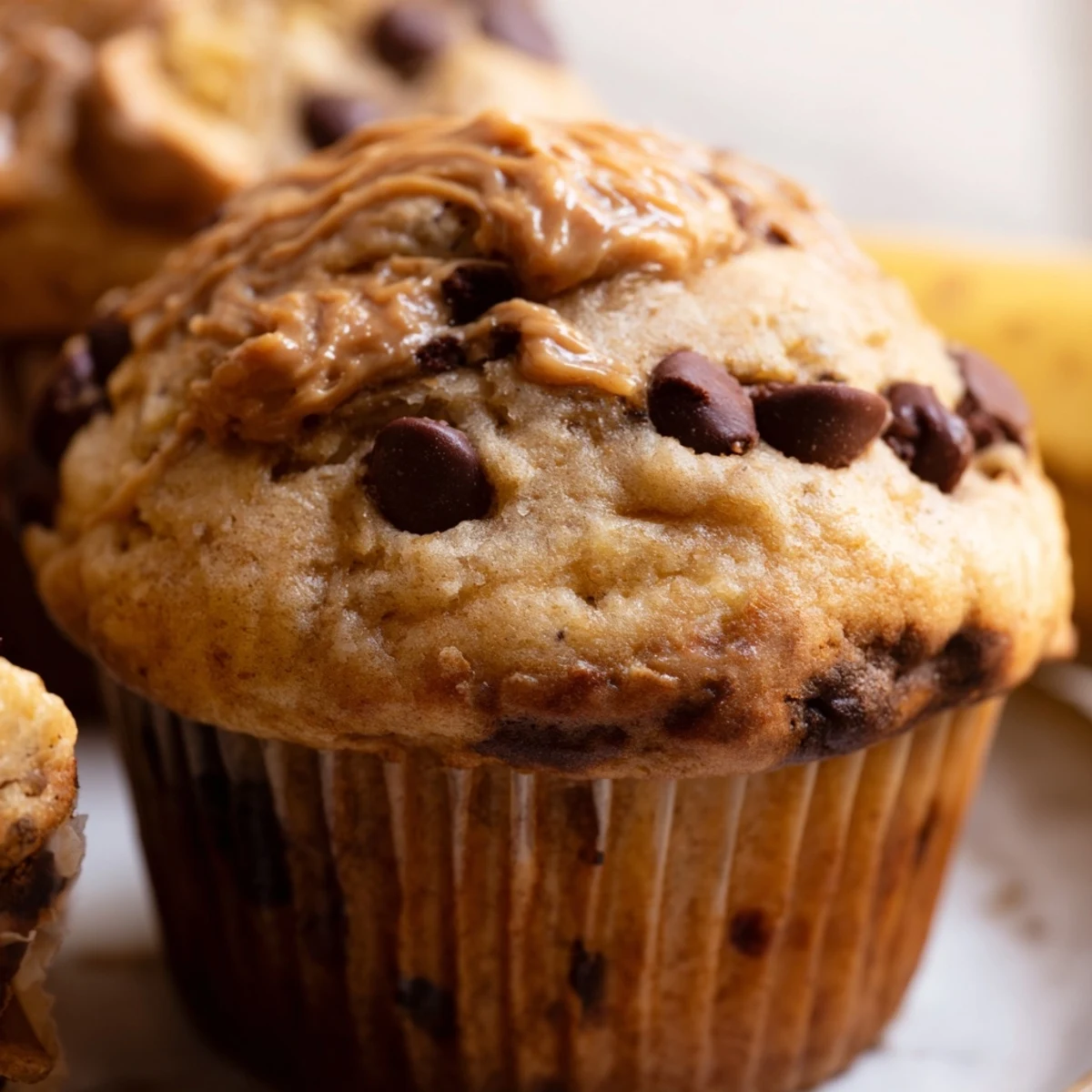 Freshly baked peanut butter banana muffins with cracked tops and peanut butter swirl on a wooden board
