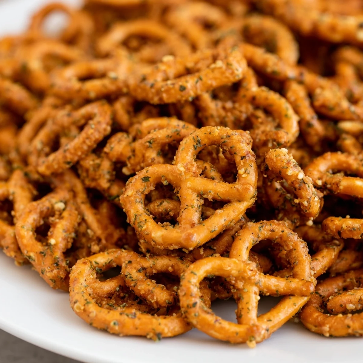 Golden brown dill pickle ranch pretzels tossed in seasoned oil and baked until crispy
