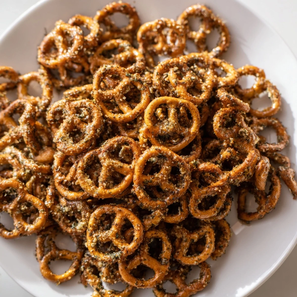 Ranch and pickle seasoned pretzels arranged on a wooden board for party snacking