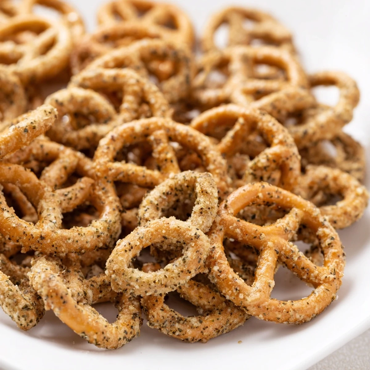 Crispy oven baked pretzels coated with tangy dill pickle ranch spices and herbs