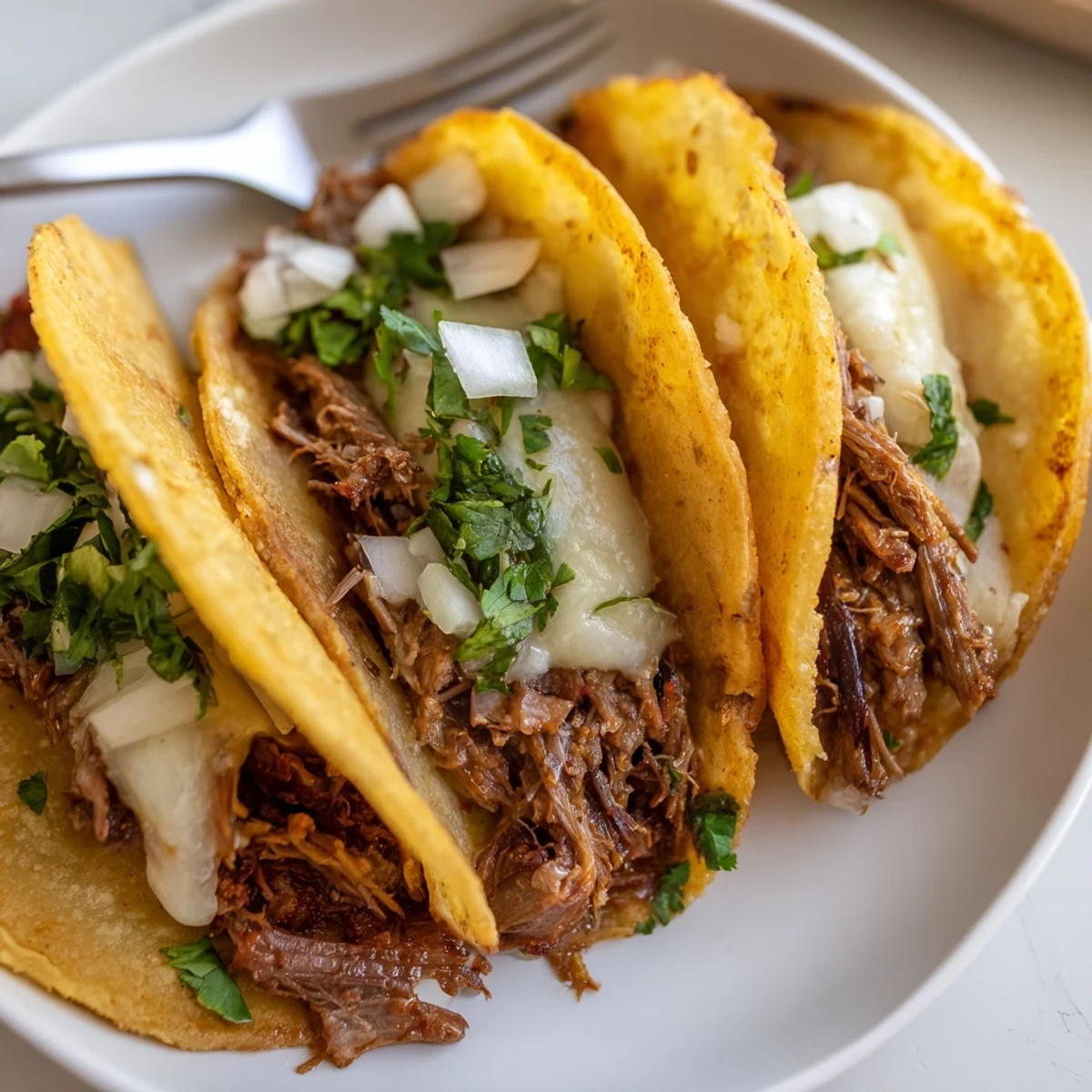 Crispy Birria tacos filled with tender shredded beef and melted Oaxaca cheese on a wooden board