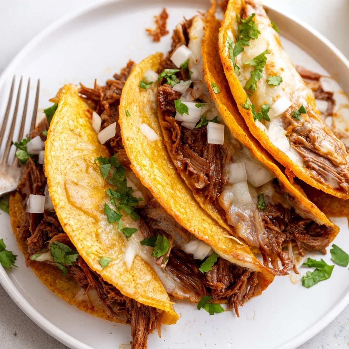 Golden Birria tacos with fresh cilantro and onion garnish alongside small bowls of rich consommé dipping sauce