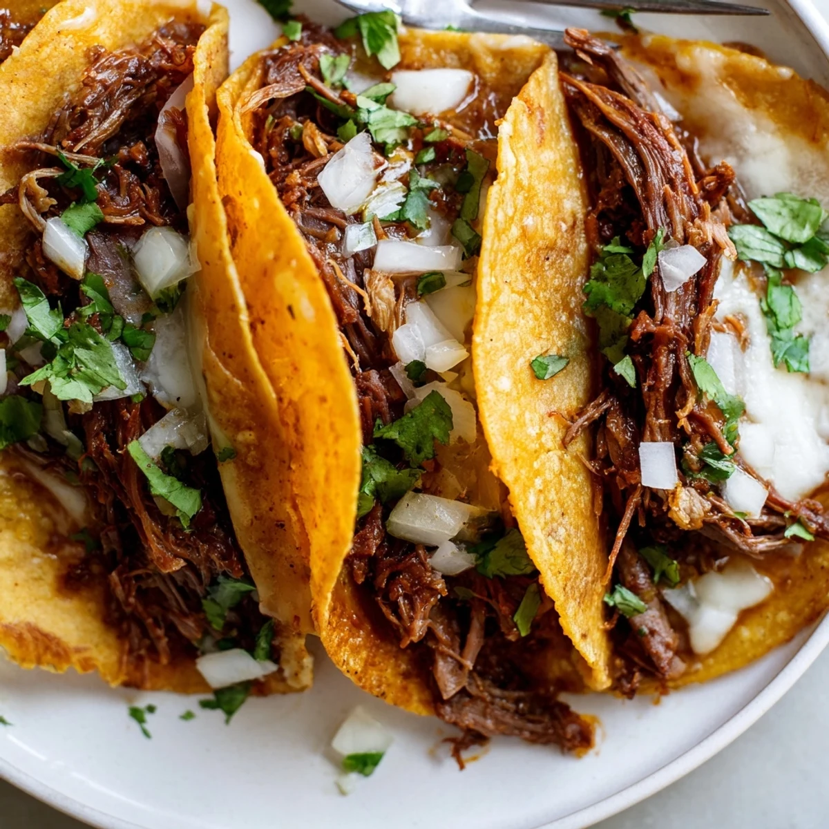 Handheld Birria tacos featuring juicy spiced beef and gooey cheese with lime wedges for serving