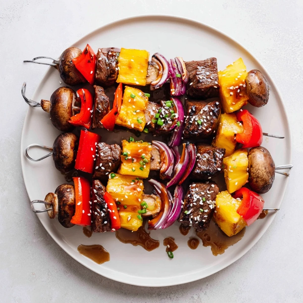 Grilled Teriyaki Steak Kabobs glistening with glaze, charred edges, skewered with pineapple.