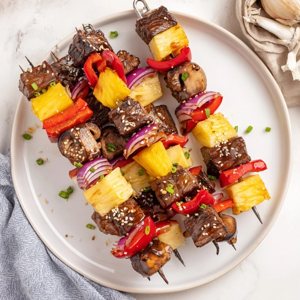 Skewers of Grilled Teriyaki Steak Kabobs rest on platter, sesame and scallions.