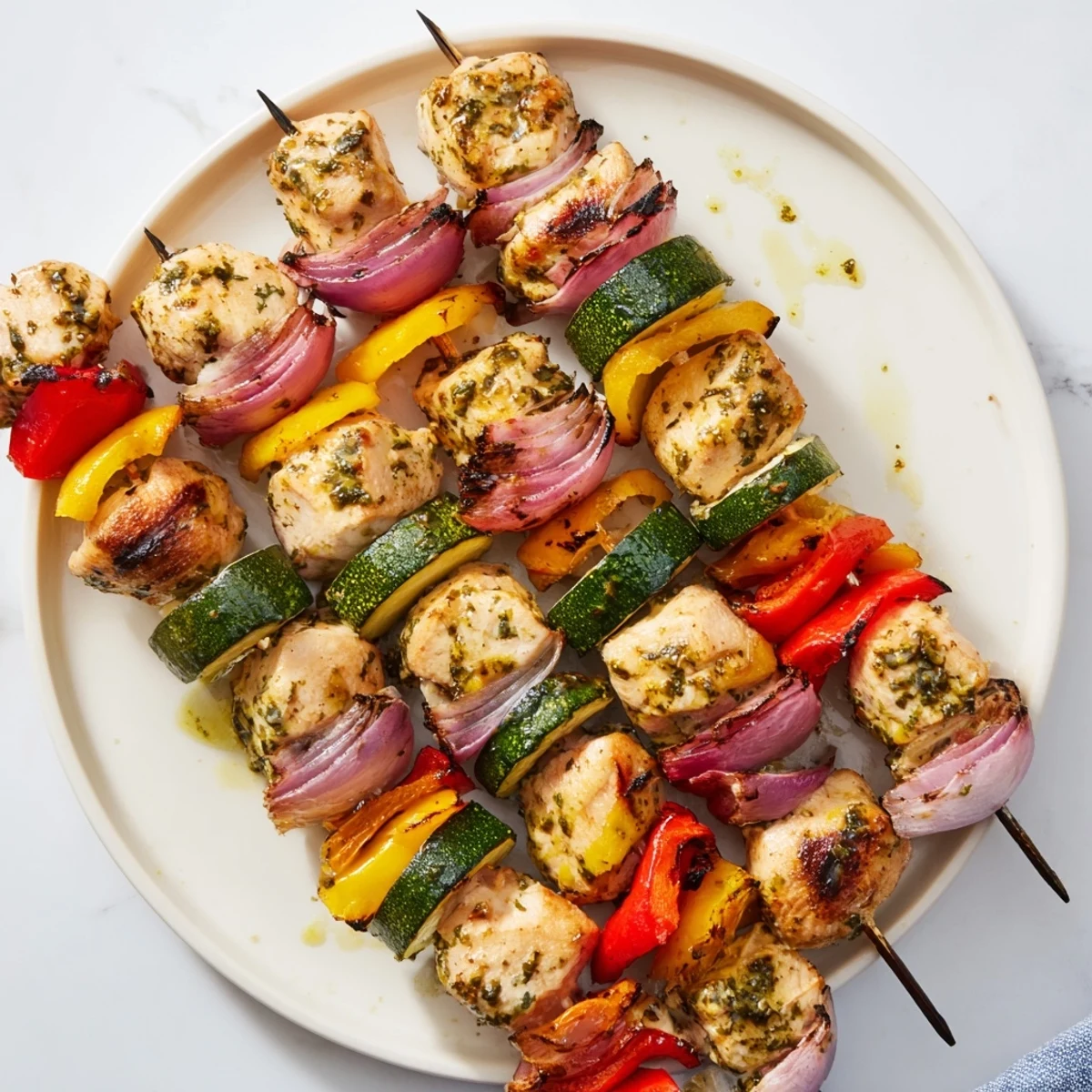 Golden chicken kabobs on the grill with charred colorful peppers and zucchini