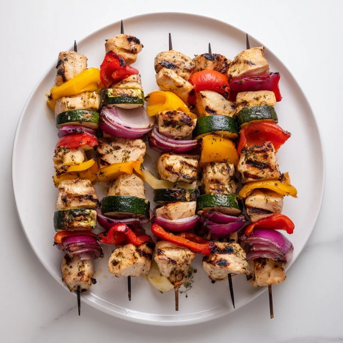 Juicy grilled chicken kabobs threaded with vegetables and brushed with herb marinade