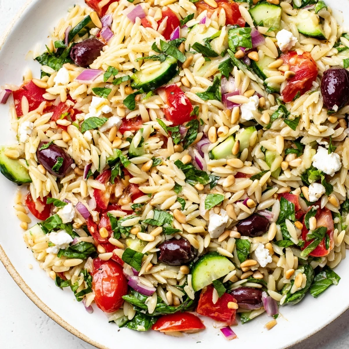 Mediterranean orzo power salad featuring cherry tomatoes, olives, and lemon-oregano vinaigrette