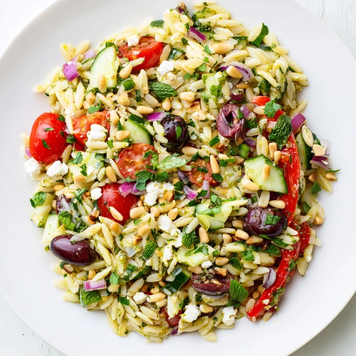 Vibrant Mediterranean orzo power salad plated with cucumber, bell pepper, and toasted pine nuts