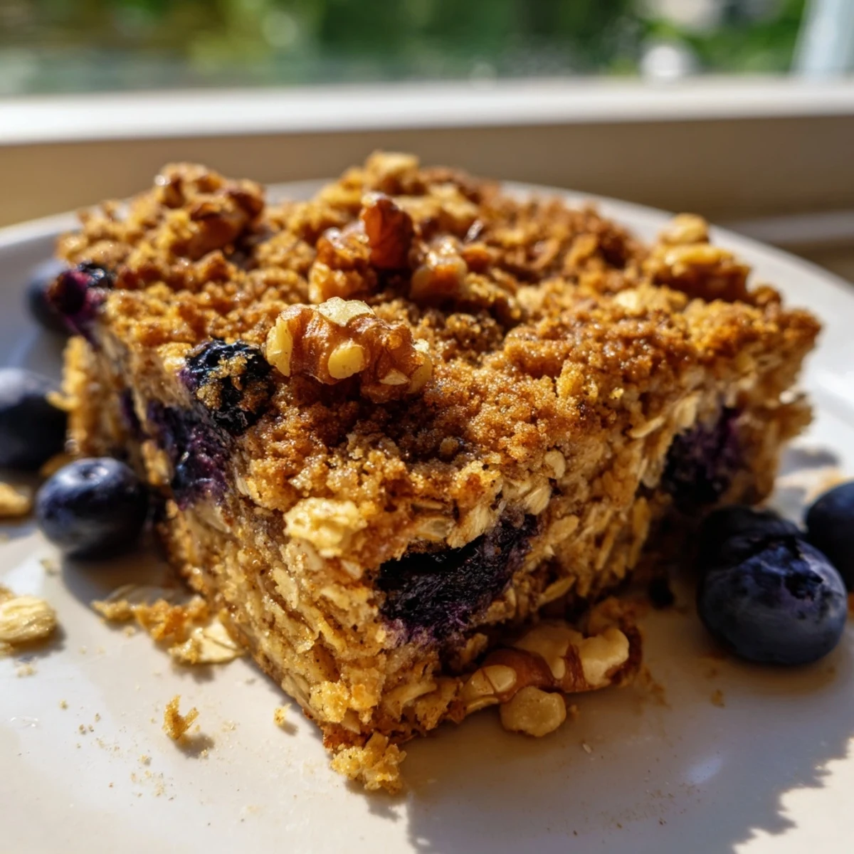Golden baked oatmeal dish with fresh blueberries and a sprinkle of cinnamon on top