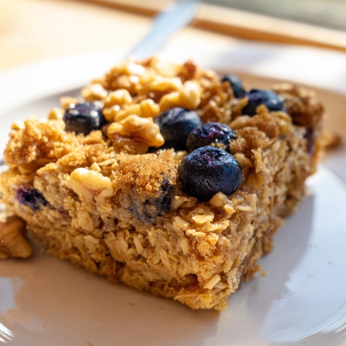 Warm bowl of baked oatmeal topped with sliced bananas and crunchy walnuts for breakfast