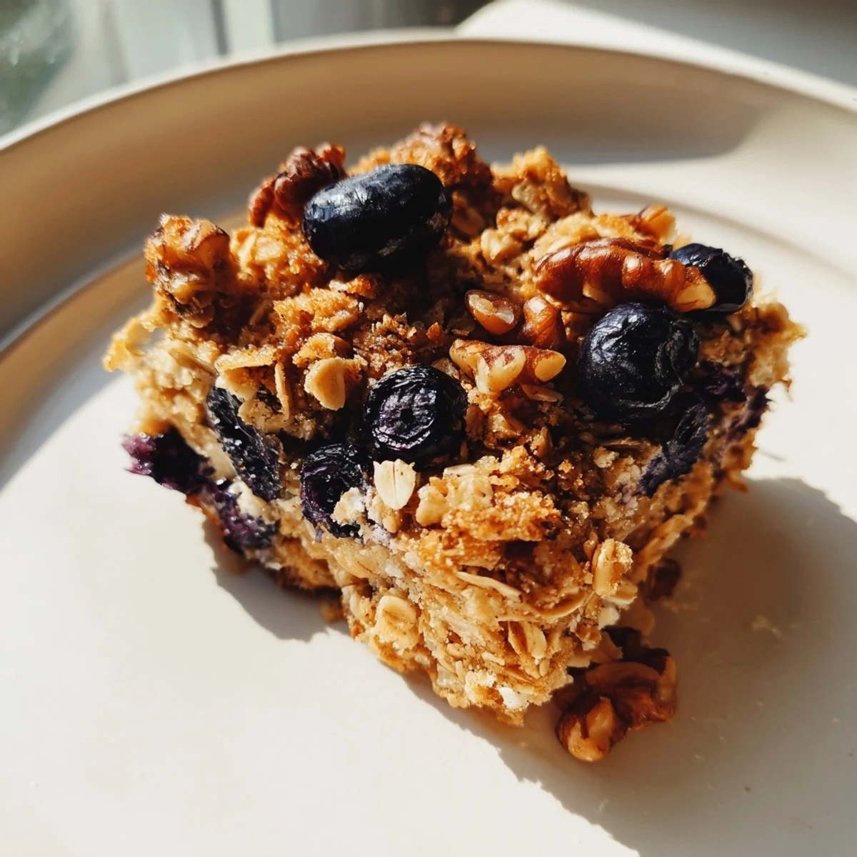 Homemade baked oatmeal casserole with diced apples served in a white ceramic baking dish