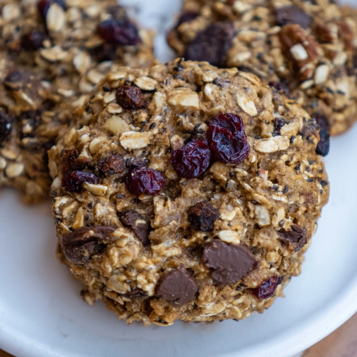 Golden healthy breakfast cookies studded with oats, walnuts, and dried cranberries on a wire rack