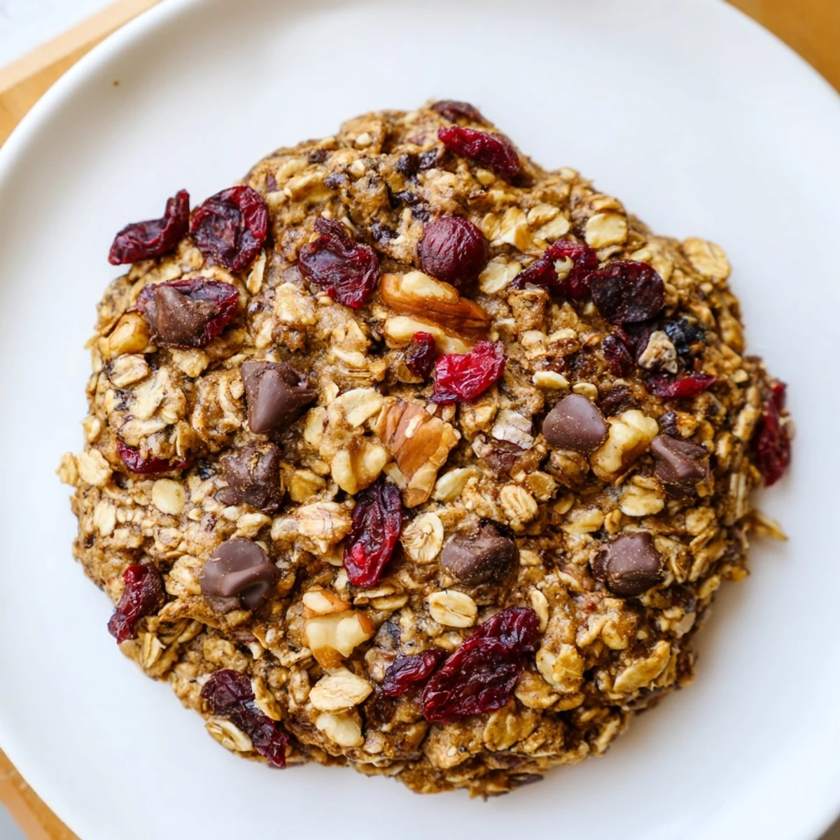 Stack of hearty healthy breakfast cookies topped with dark chocolate chips, ready for grab-and-go meals