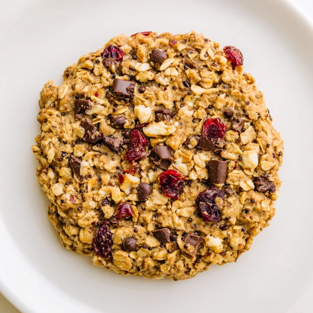 Chewy wholesome breakfast cookie with visible oats and nuts, freshly baked on parchment paper