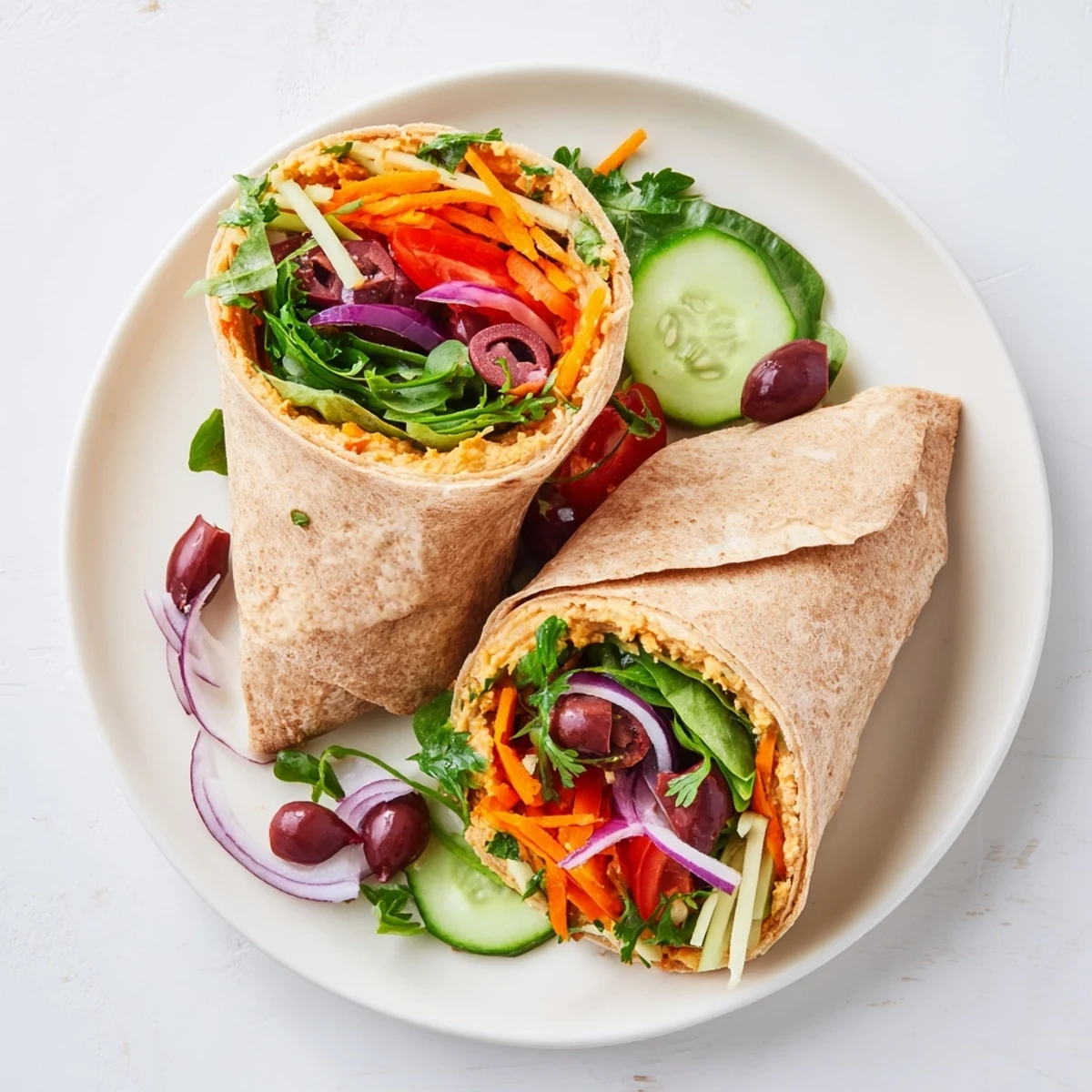 Healthy vegetarian lunch wrap overflowing with hummus grated carrots and vibrant cherry tomatoes