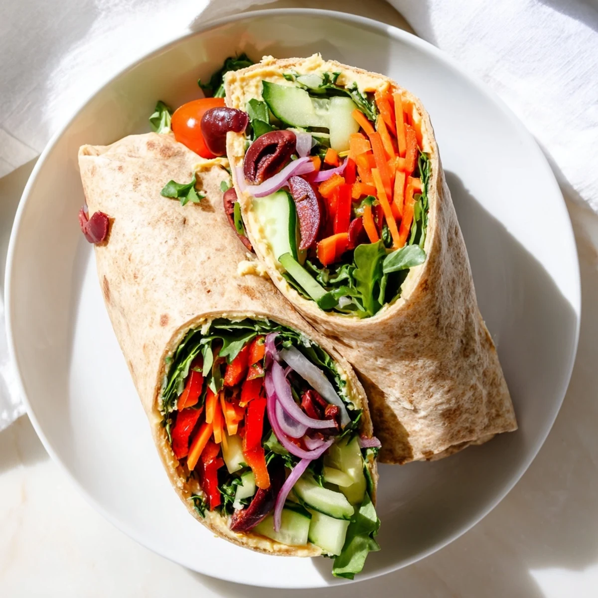 Mediterranean-style hummus wrap sliced diagonally showcasing fresh spinach cucumber and bell pepper layers