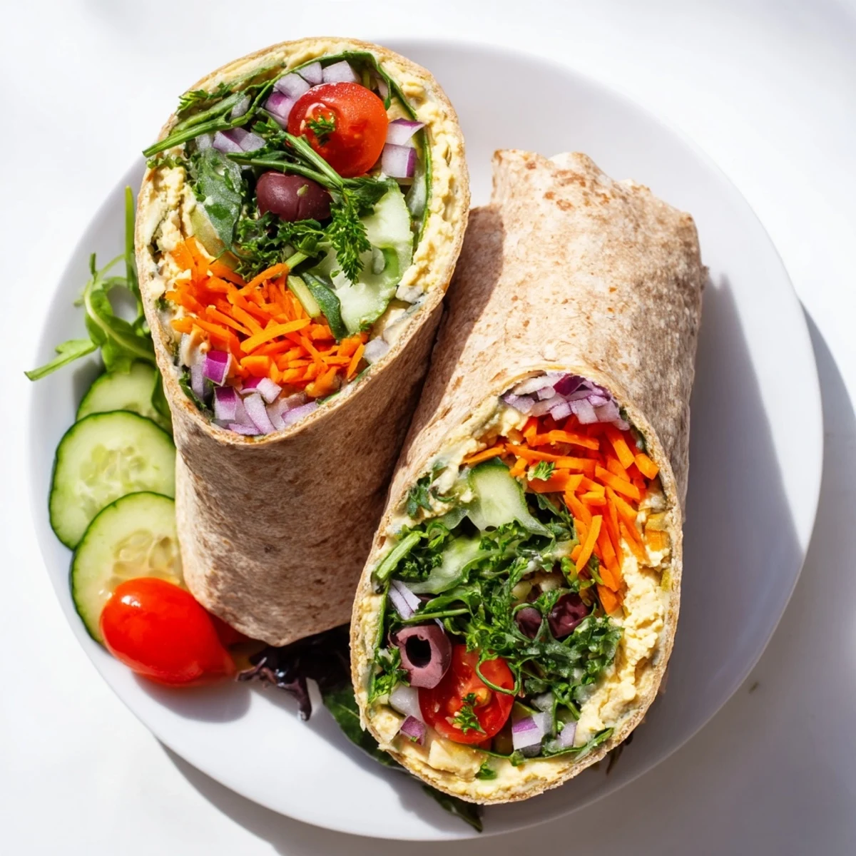 Golden whole wheat wrap filled with creamy hummus and crisp colorful julienned vegetables