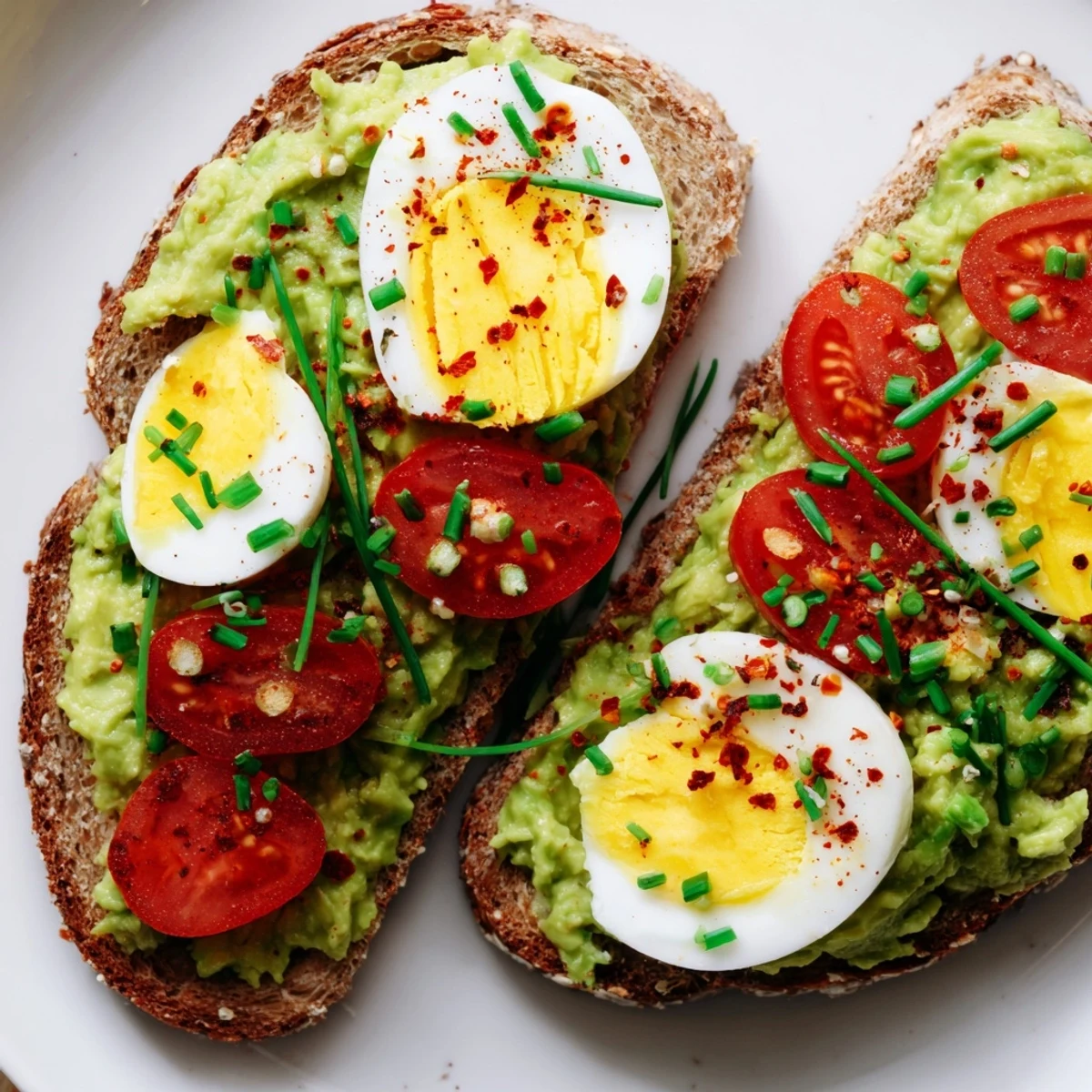 Golden toasted bread layered with creamy mashed avocado and topped with juicy ripe tomato slices and protein-rich hard-boiled egg rounds