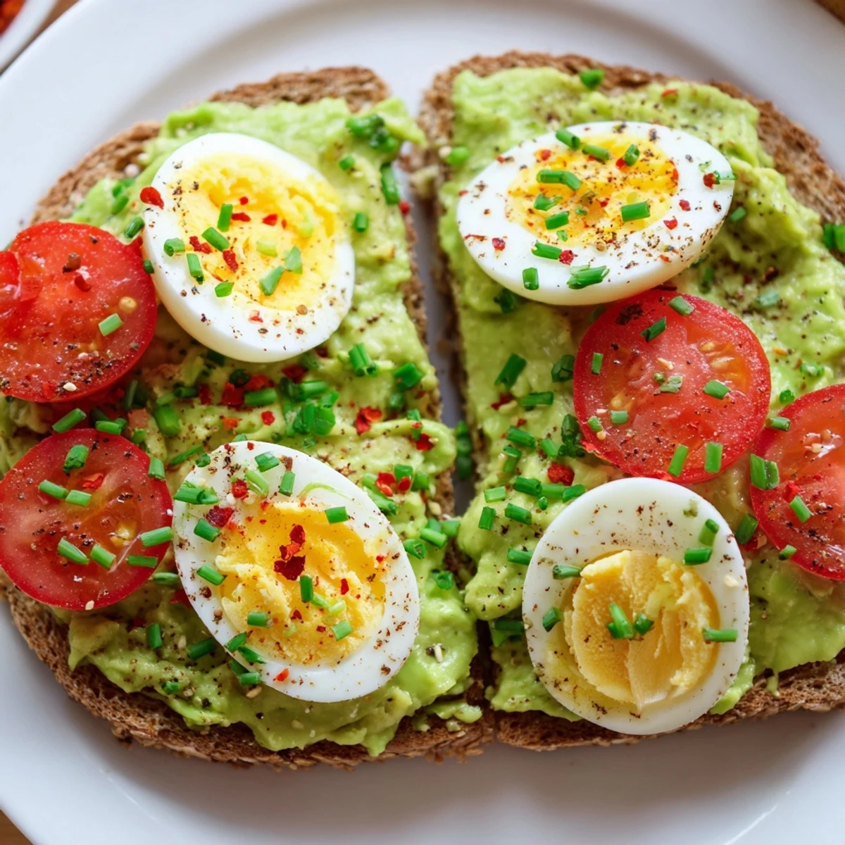 Hearty avocado toast with tomato features crusty sourdough piled high with smooth avocado spread, fresh tomato, and savory sliced boiled eggs