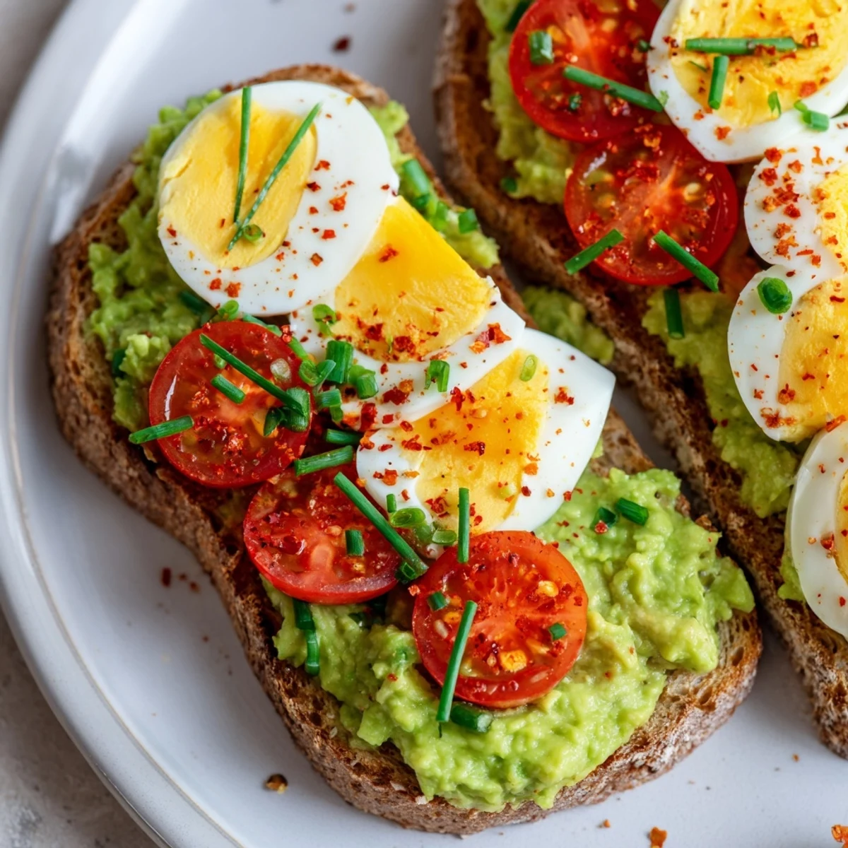 Savory breakfast toast displaying mashed green avocado, vibrant red tomato slices, and tender hard-boiled egg wedges on whole grain bread