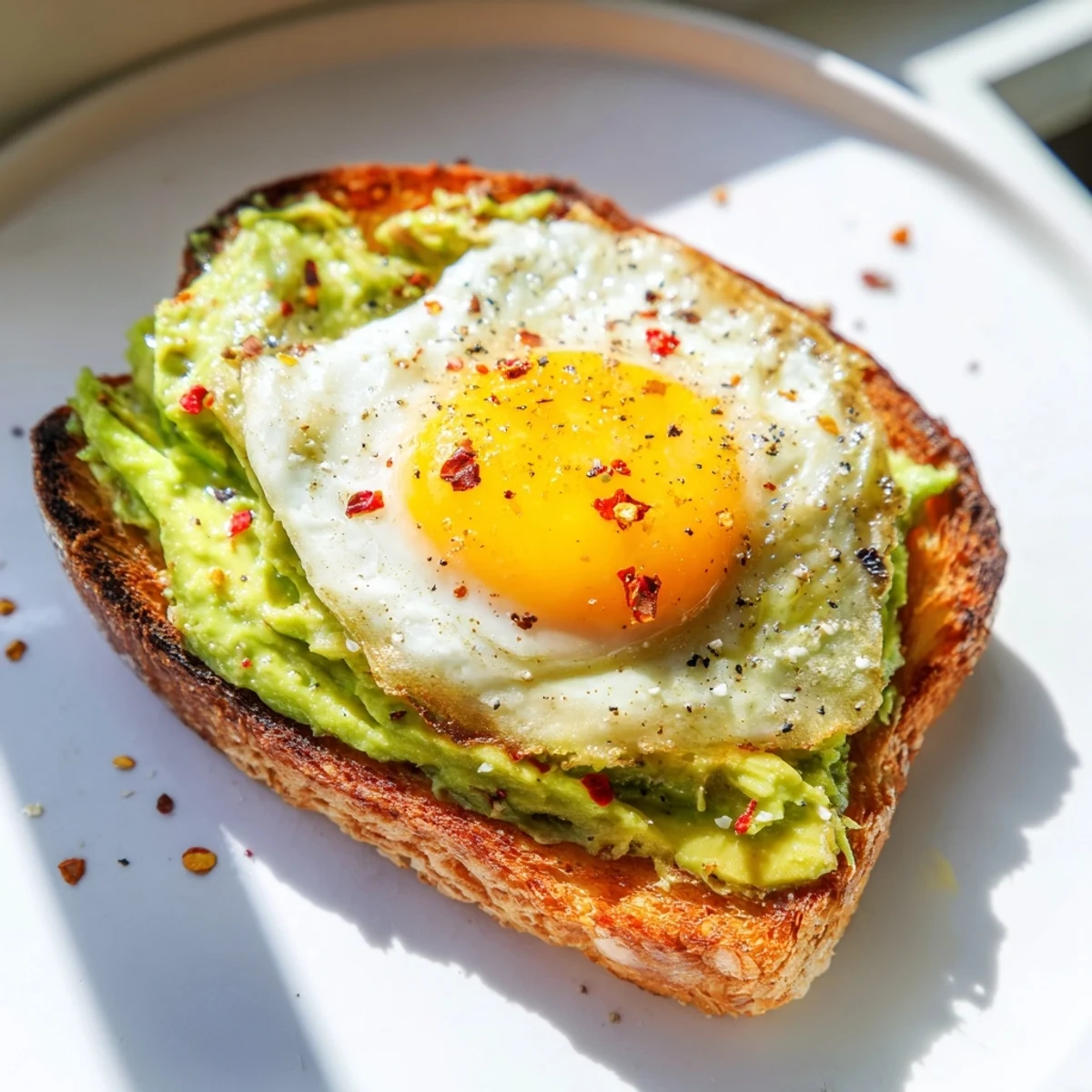 Golden brown avocado toast with egg featuring creamy mashed avocado and a perfectly cooked sunny side up egg