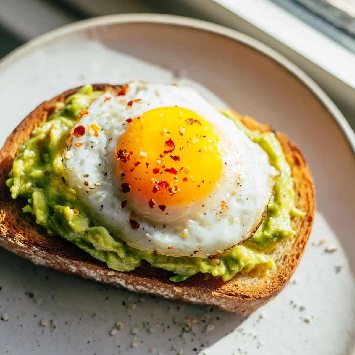 Crispy sourdough toast topped with mashed avocado and a warm runny egg finished with chili flakes