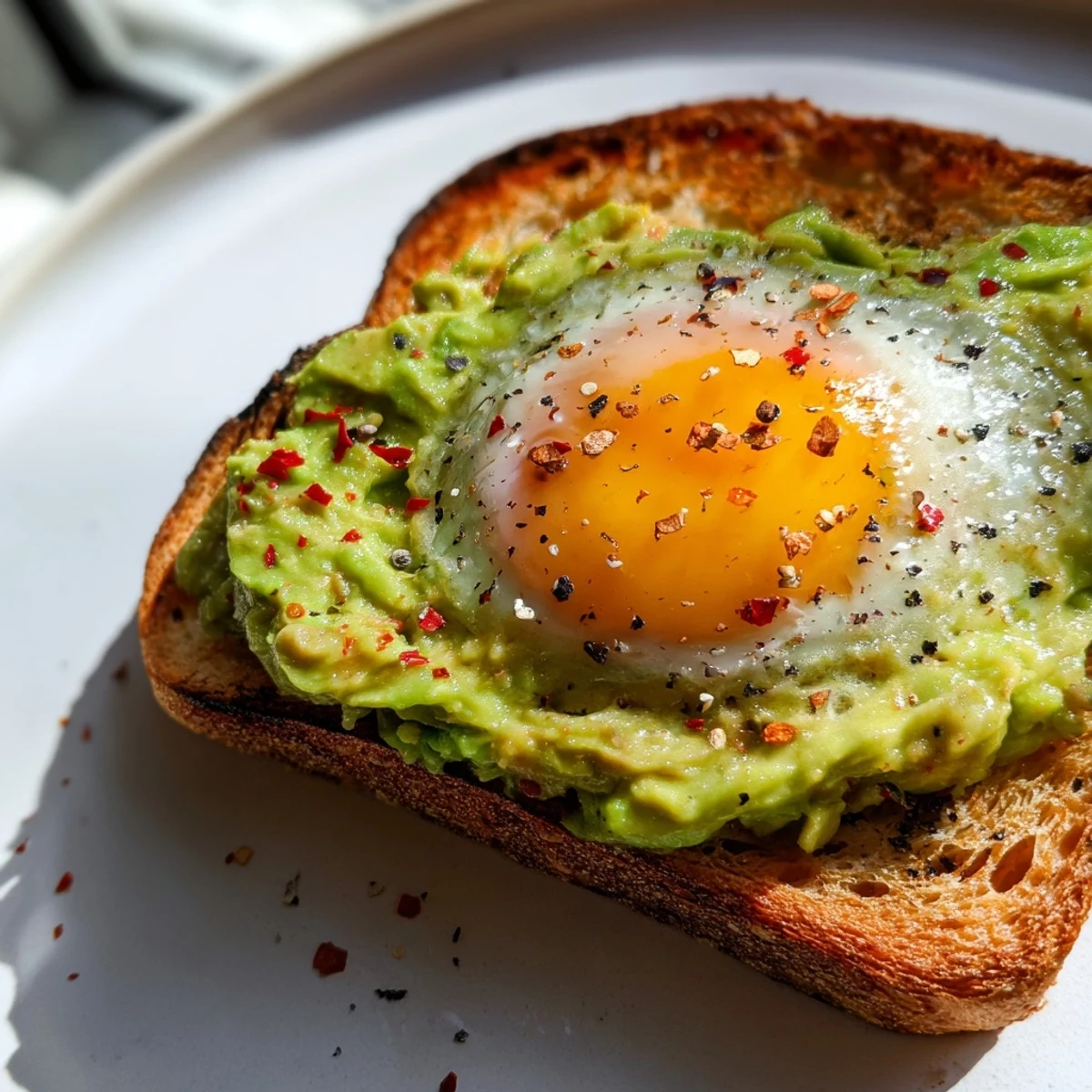 Plate of simple avocado toast with egg showcasing ripe green avocado spread and a fried egg on crunchy bread