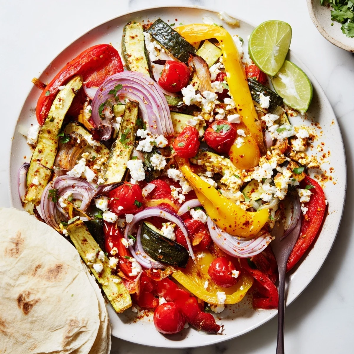 Tajin Feta Sheet Pan Fajitas with charred peppers, creamy feta, lime wedges