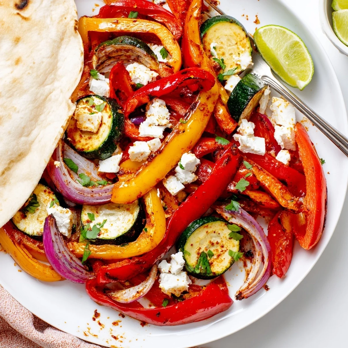 Bright Tajin Feta Sheet Pan Fajitas topped with cilantro, tangy lime squeeze