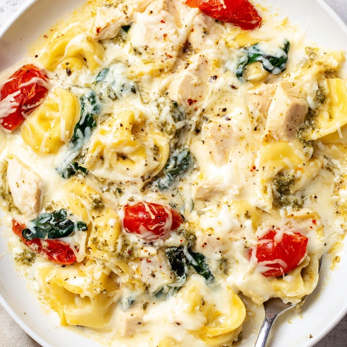 Slow Cooker Tortellini Casserole With Cheesy Chicken Pesto bubbling, creamy, served with crusty bread